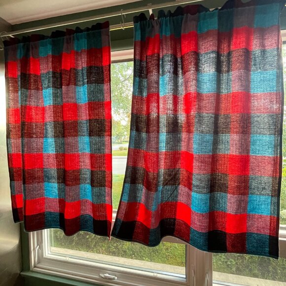 Vintage 80s curtains, bold blue, red, black plaid, pair of rod header panels - Picture 2 of 9